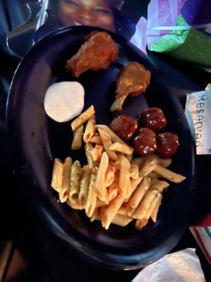 Pasta salad , wings meatball