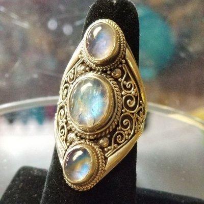 sterling silver triple rainbow moonstone ring