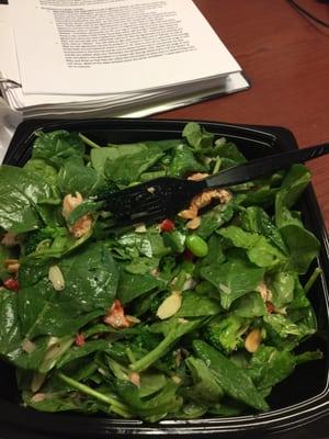 The SuperFoods Salad.  Spinach, edamame, asparagus, red onion, broccoli, tomatoes, almond slices, and salmon.  Sooo good.