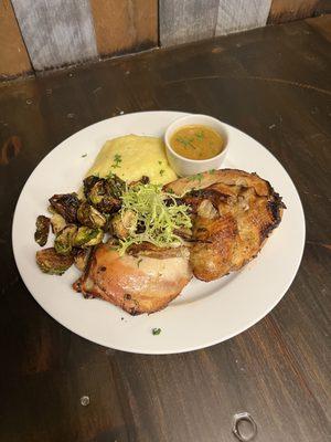 Roasted half Chicken, mojo criollo, lemon herbs, mashed potato & oven roasted Brussel sprouts