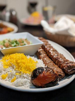 Beef Koobideh with half rice / half shirazi salad @bilalandjesseatfood