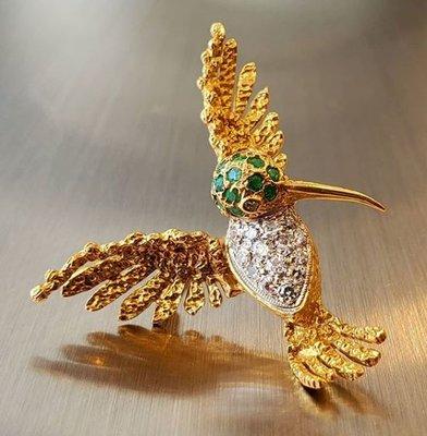 This brooch is made of 18k yellow gold, platinum, diamonds and emeralds and signed by LJ*