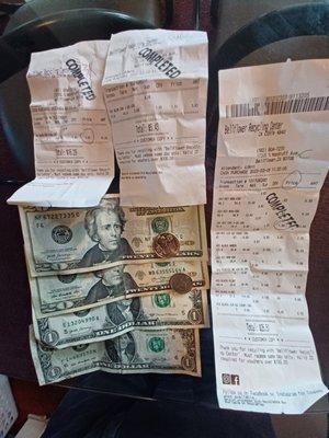 Cash is $$42.30. Three receipts total $48.23, shortage $5.93. It took away  4th receipt $25.00, now in their possession, to not pay me.