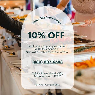 10% OFF
Limit one coupon per table.
With this coupon.
Not valid with any other offers.
2235 S,Power Road,#101,Mesa, AZ 85209