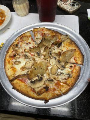 Eggplant, chicken, mushroom on gluten free crust