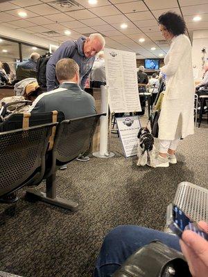 Waiting for delayed flight along with a ton of passengers with dogs.