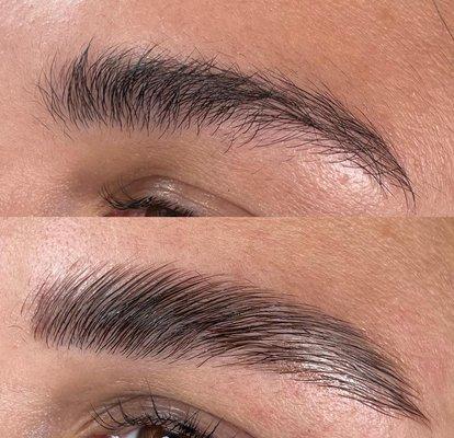 Brow lamination with tinting and shaping