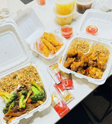 beef & Beef with Broccoli, Egg Fried Rice, Fried Shrimp Tempura, Egg Flower Soup, Hot & Sour Soup, Orange Chicken Combo Dinner