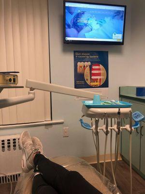 The TV right in front can do so much for someone (like me) that gets anxiety going to the dentist. Very thoughtful!!