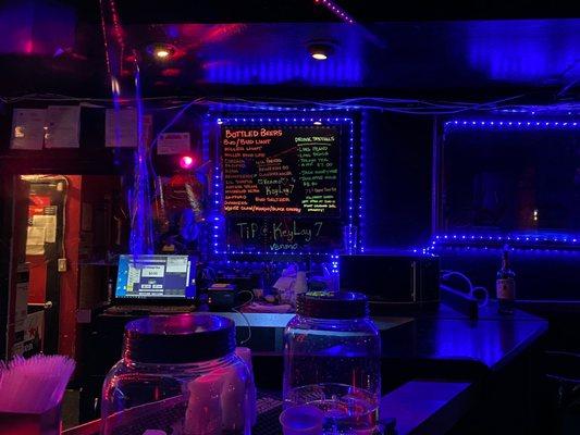 Black lights, decor, beer menu