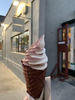 Soft Serve (swirl) on Chocolate Waffle - today's flavors were Dark Chocolate & vegan Peanut Butter