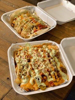 Korean beef tacos and Korean beef loaded fries