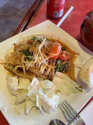 Papaya salad.. flavor is there but a bit too salty.  Medium spicy is more like mild