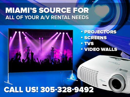 We have the largest selection of TV's Projectors, Screens and Video Walls for any size event in Miami or Ft Lauderdale. Call for a Quote!