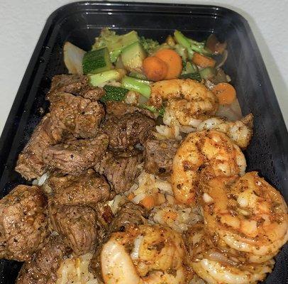 Steak & Shrimp with fried rice and Veggies