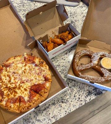 Large pizza, 10 wings, and large pretzel