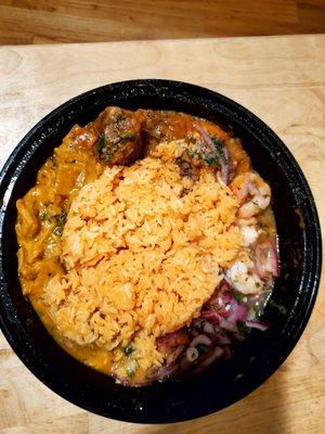 Bandera takeout -  ceviche mixed with hot food? Each saucy dish should have been separate