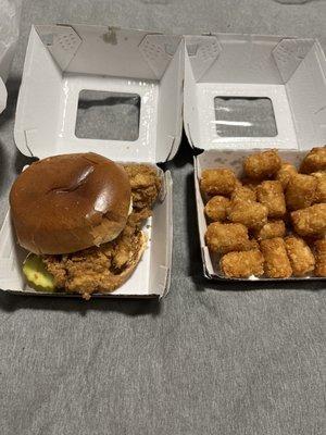 Chicken sandwich and tater tots