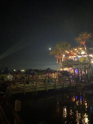 Very cool looking place at night. Awesome spot on the water and overlooking the area. Upstairs dining. Dock side party central.