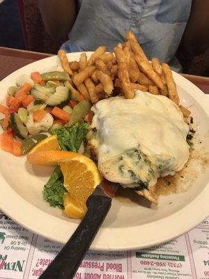 Balsamic chicken with spinach and cheese. Very tasty fries but to much watery spinach