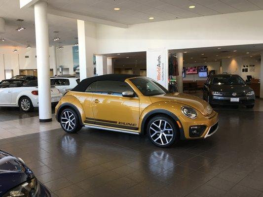 Spotless show room floor, showing off a 2017 Beetle Dune Convertible. (Sandstorm Yellow) Parts area on the far right side in the background.