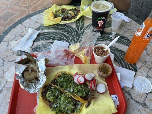 Tacos de asada, cebollitas, & frijoles charros