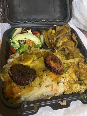 Vegan Beef and Mushroom w/rice and peas, cabbage and salad