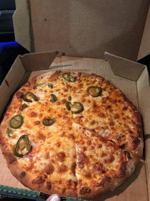 Small cheese pizza with half jalapeños