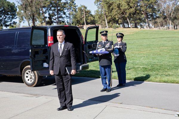 Preparing to enter the shelter for military funeral with Army Honors Detail at Riverside National Cemetery