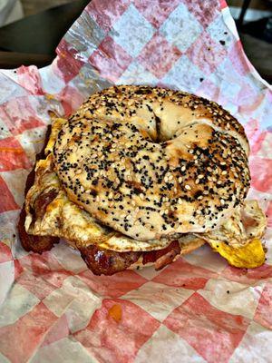 Sausage AND Bacon Egg & Cheese Bagel!! Absolutely delicious!!