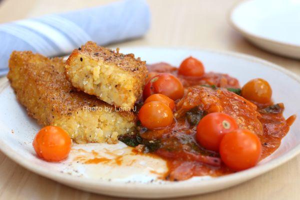 Inside of Fried Grit Cake ($14) - sweet & sour sauce, Good Neighbor cherry tomatoes. Really tasty.