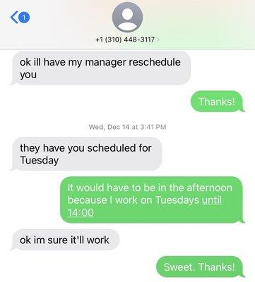 Text from their technician agreeing to a specific time for the follow-up appointment.