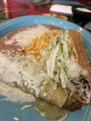 One beef Taco and one beef Enchilada with green sauce-add refried beans and rice. YES.