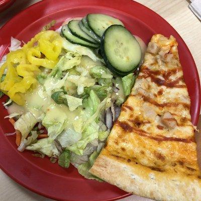 Salad a Buffalo chicken pizza