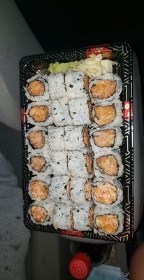 3 Rolls (24 pieces): Spicy crab, Salmon and spicy tuna $: $15.99