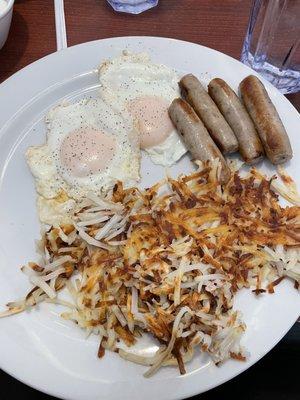 2 eggs, hash browns, sausage and toast.