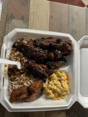 Honey Jerk Wings, Mac N Cheese, Plantains, Rice N Peas