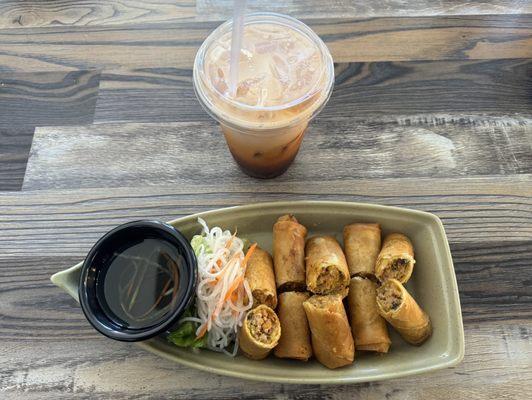 Delicious fresh egg rolls and Thai Tea.