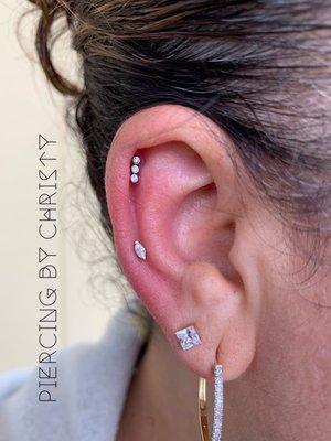 Upper helix with anatometal cluster and mid helix with gold marquise "Zuri" from Buddha jewelry Organics.