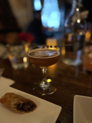 Lumpia and a lavender cocktail