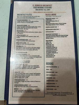 Menu as of March 2024