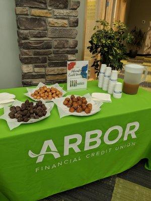 It's National Credit Union day today (Oct. 17), and Arbor is celebrating with complimentary Sweetwater's donut holes and cider.