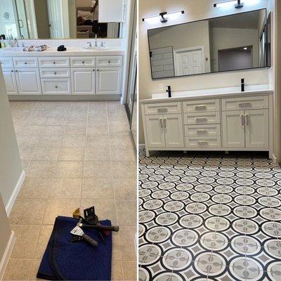 Old bathroom and newly remodeled bathroom.