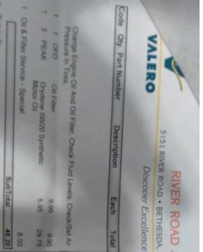 Oil Change cost before taxes when the shop was Valero