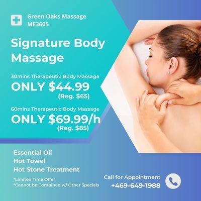 Green Oaks Massage
 ME3605
 Call us at 469-649-1988