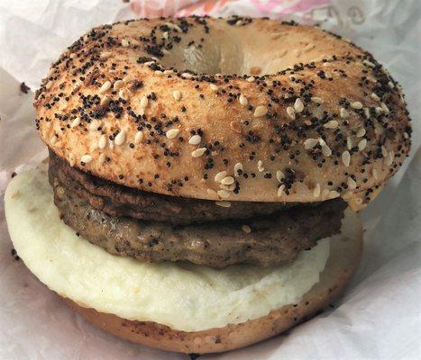 Double Sausage Breakfast Sandwich: double portion of sausage, egg, cheese, oven-toasted 'everything' bagel