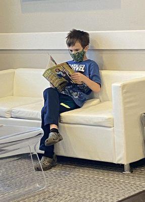 My son in the waiting area.