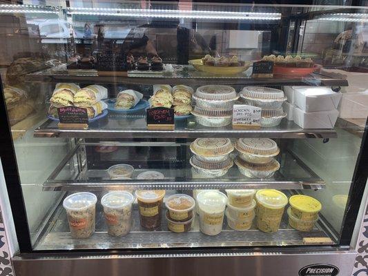 Deli case: pre made sandwiches, soups and chicken (and veggie) pot pies to go