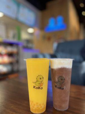 Mango Smoothie with mango popping boba Chocolate Smoothie with cream cheese