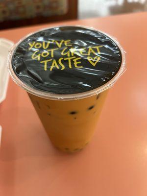 Thai chai bubble tea with blueberry bursting bubble flavor.